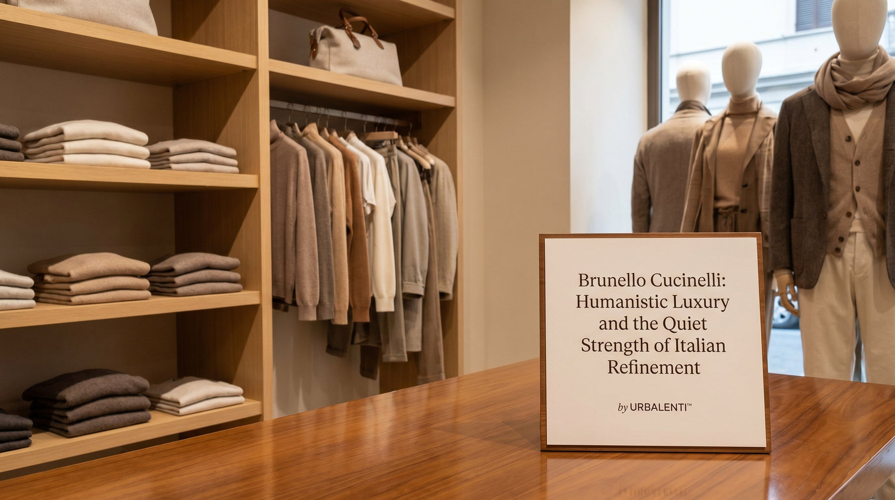 Brunello Cucinelli: Humanistic Luxury and the Quiet Strength of Italian Refinement displayed in a stylish boutique showcasing cashmere sweaters and elegant garments.