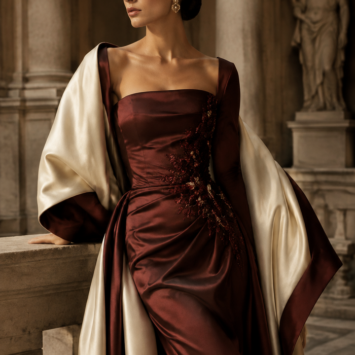 Elegant woman wearing a burgundy satin gown with an ivory shawl in a classical Italian interior, showcasing Italian designer fashion and Timeless Luxury and Style shipped from Italy with Duties included on US Orders at Urbalenti NYC.