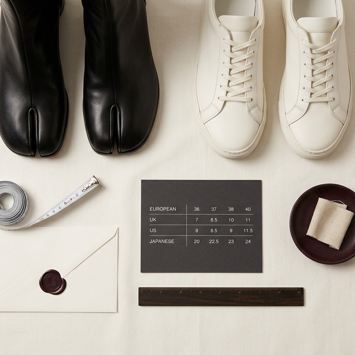 Maison Margiela Sizing Shoes guide showing black split-toe shoes, white sneakers, measuring tape, ruler, and size chart for accurate Maison Margiela sizing