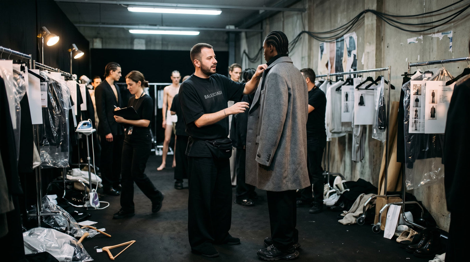 Behind the scenes at a Balenciaga fashion show showcasing the intricate styling process, reflecting the innovative spirit of the Balenciaga brand.