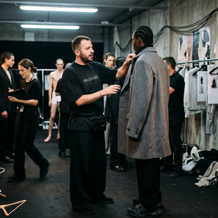 Behind the scenes at a Balenciaga fashion show showcasing the intricate styling process, reflecting the innovative spirit of the Balenciaga brand.