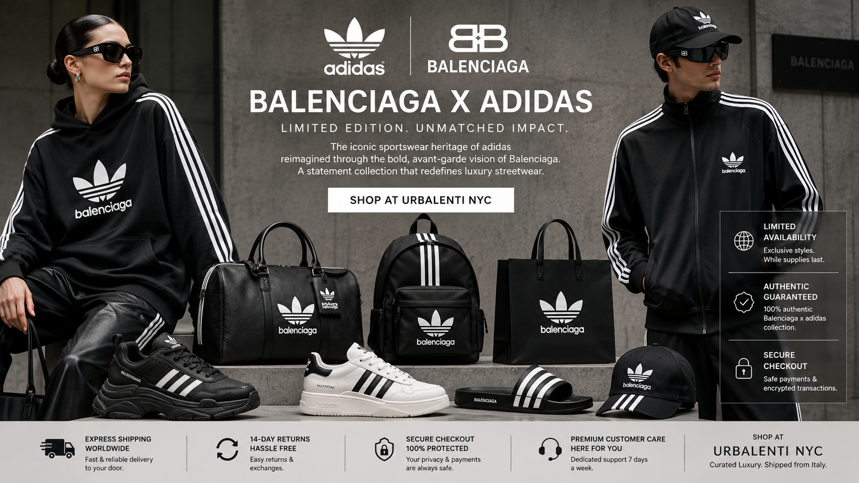 Shop Balenciaga x Adidas at Urbalenti NYC in the Shop Balenciaga x Adidas at Urbalenti NYC collection, featuring black logo hoodies, track jackets, sneakers, slides, caps, and handbags modeled in a luxury streetwear campaign.