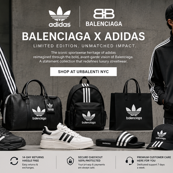 Shop Balenciaga x Adidas at Urbalenti NYC in the Shop Balenciaga x Adidas at Urbalenti NYC collection, featuring black logo hoodies, track jackets, sneakers, slides, caps, and handbags modeled in a luxury streetwear campaign.