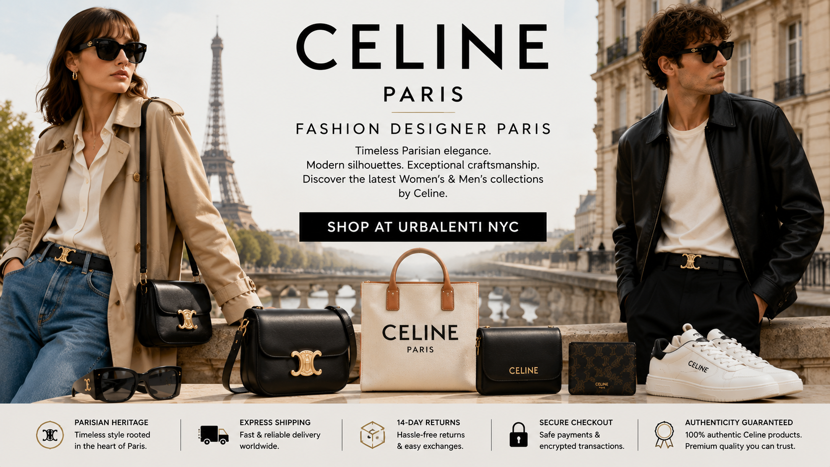 Celine Fashion Designer Paris campaign banner featuring stylish models, Eiffel Tower backdrop, luxury handbags, sunglasses, and white sneakers—Shop Celine Fashion Designer Paris at Urbalenti NYC.