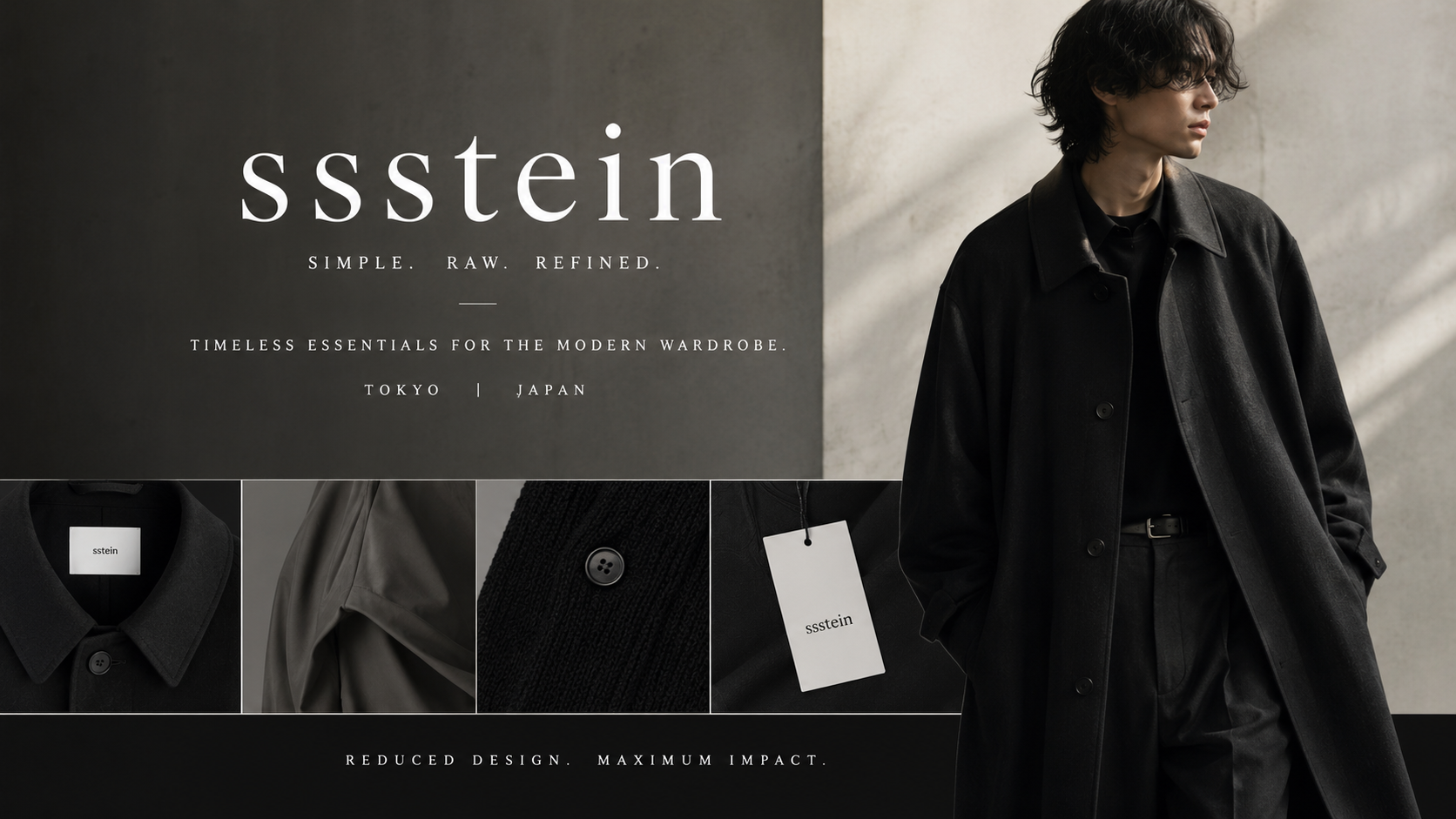 Discover Ssstein — Contemporary Japanese Designer Fashion featuring minimalist aesthetics and refined tailoring. Showcasing a model in a stylish black trench coat, exemplifying the essence of Japanese fashion in modern wardrobes.