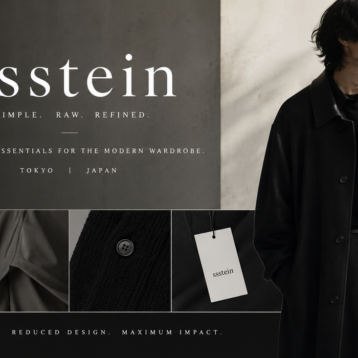 Discover Ssstein — Contemporary Japanese Designer Fashion featuring minimalist aesthetics and refined tailoring. Showcasing a model in a stylish black trench coat, exemplifying the essence of Japanese fashion in modern wardrobes.
