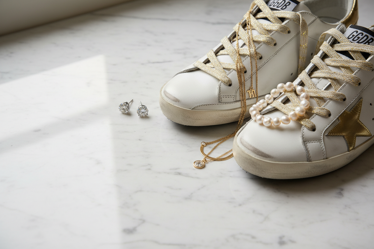 A stylish pair of Golden Goose vintage shoelaces on white sneakers, complemented by elegant jewelry such as pearls and sparkling earrings, showcasing unique styles for footwear.