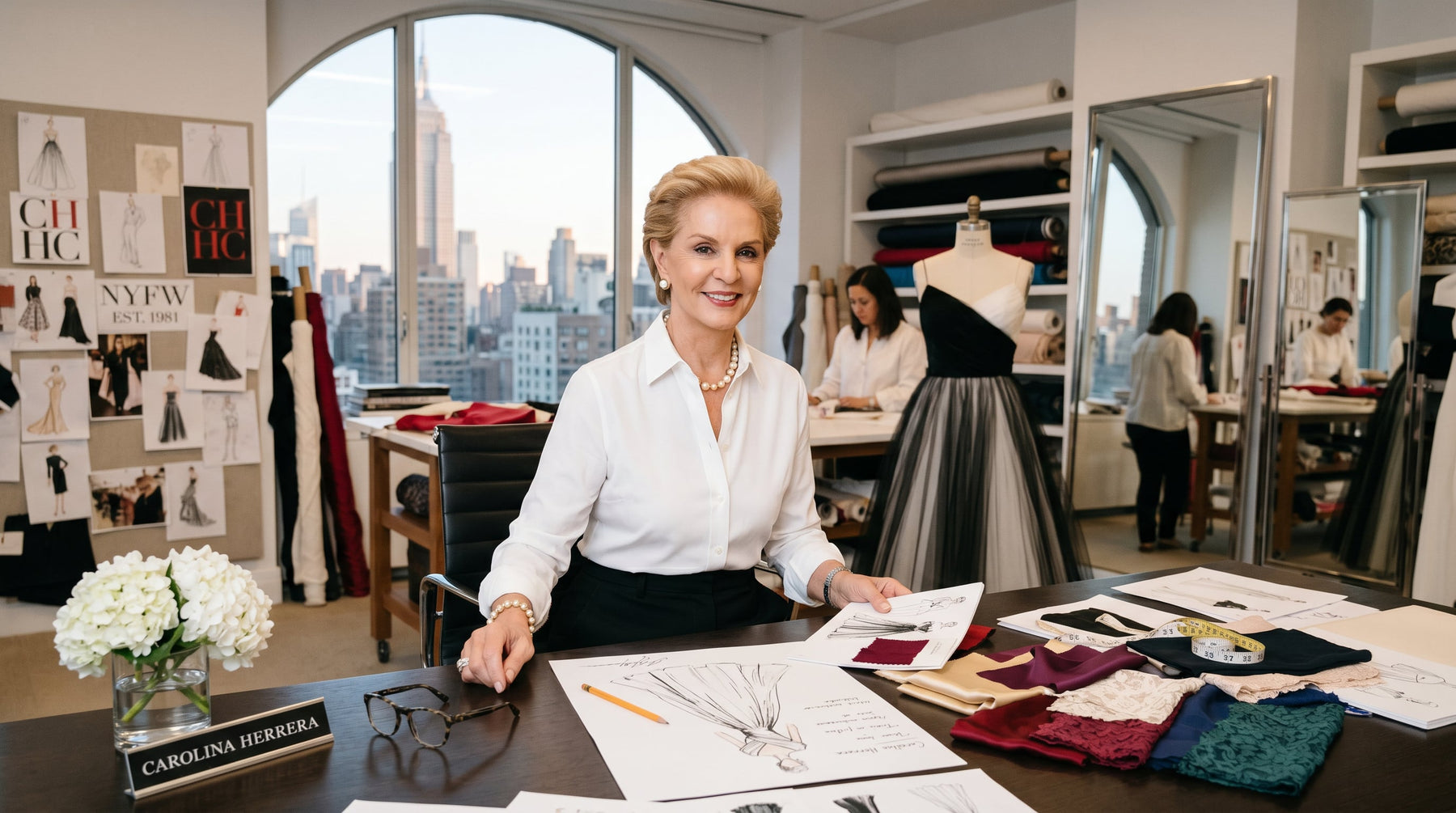 Carolina Herrera fashion designer seated at her design table, surrounded by sketches and fabric swatches, with the New York City skyline in the background, showcasing her commitment to elegance and sophistication in fashion.