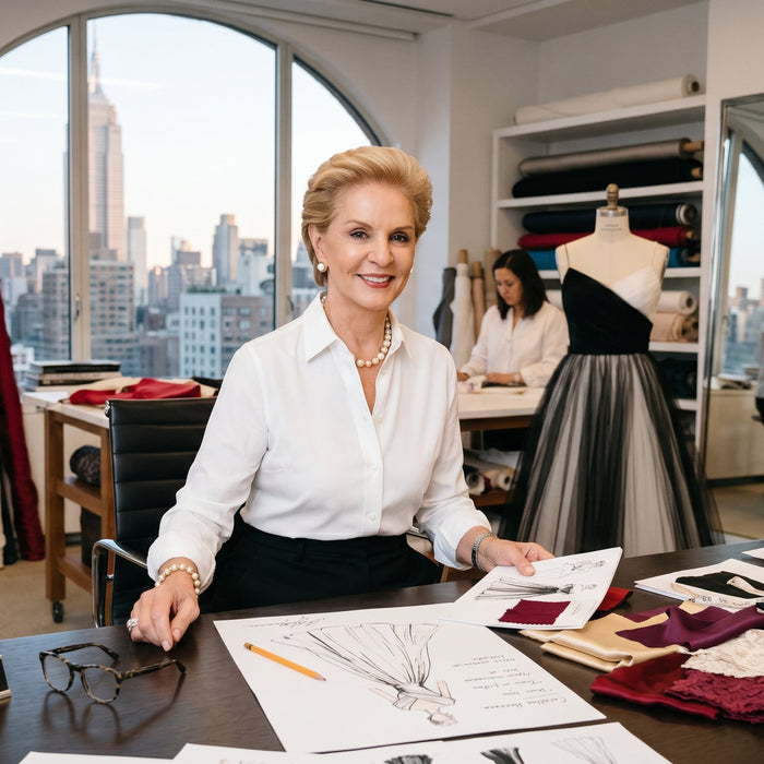 Carolina Herrera fashion designer seated at her design table, surrounded by sketches and fabric swatches, with the New York City skyline in the background, showcasing her commitment to elegance and sophistication in fashion.
