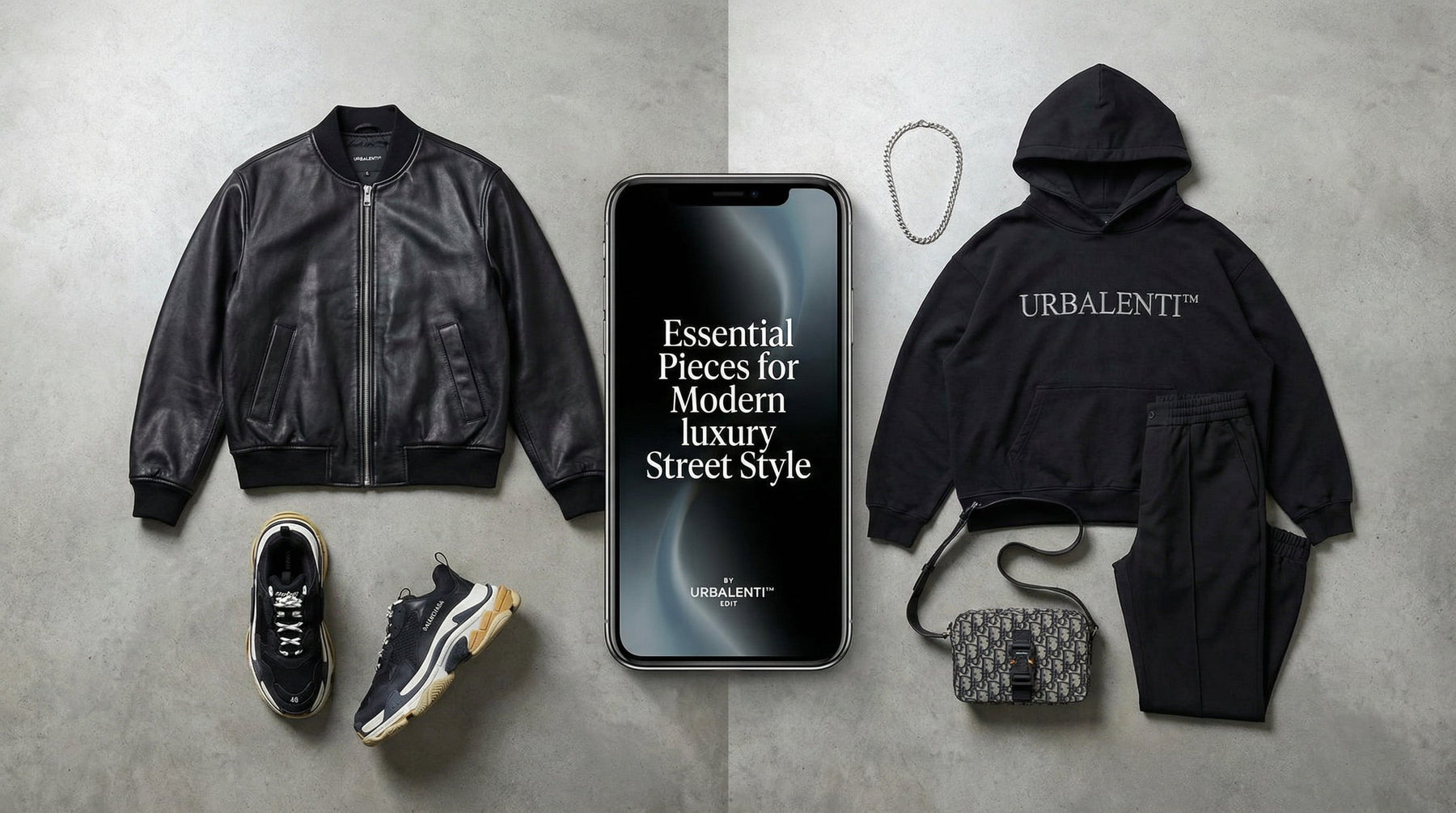 A stylish ensemble showcasing Essential Pieces for Modern luxury Street Style, featuring a leather bomber jacket, designer sneakers, a relaxed hoodie, and a textured crossbody bag, all arranged artfully on a concrete background.