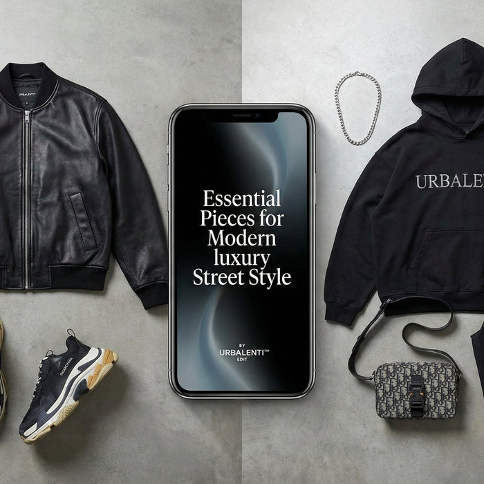 A stylish ensemble showcasing Essential Pieces for Modern luxury Street Style, featuring a leather bomber jacket, designer sneakers, a relaxed hoodie, and a textured crossbody bag, all arranged artfully on a concrete background.