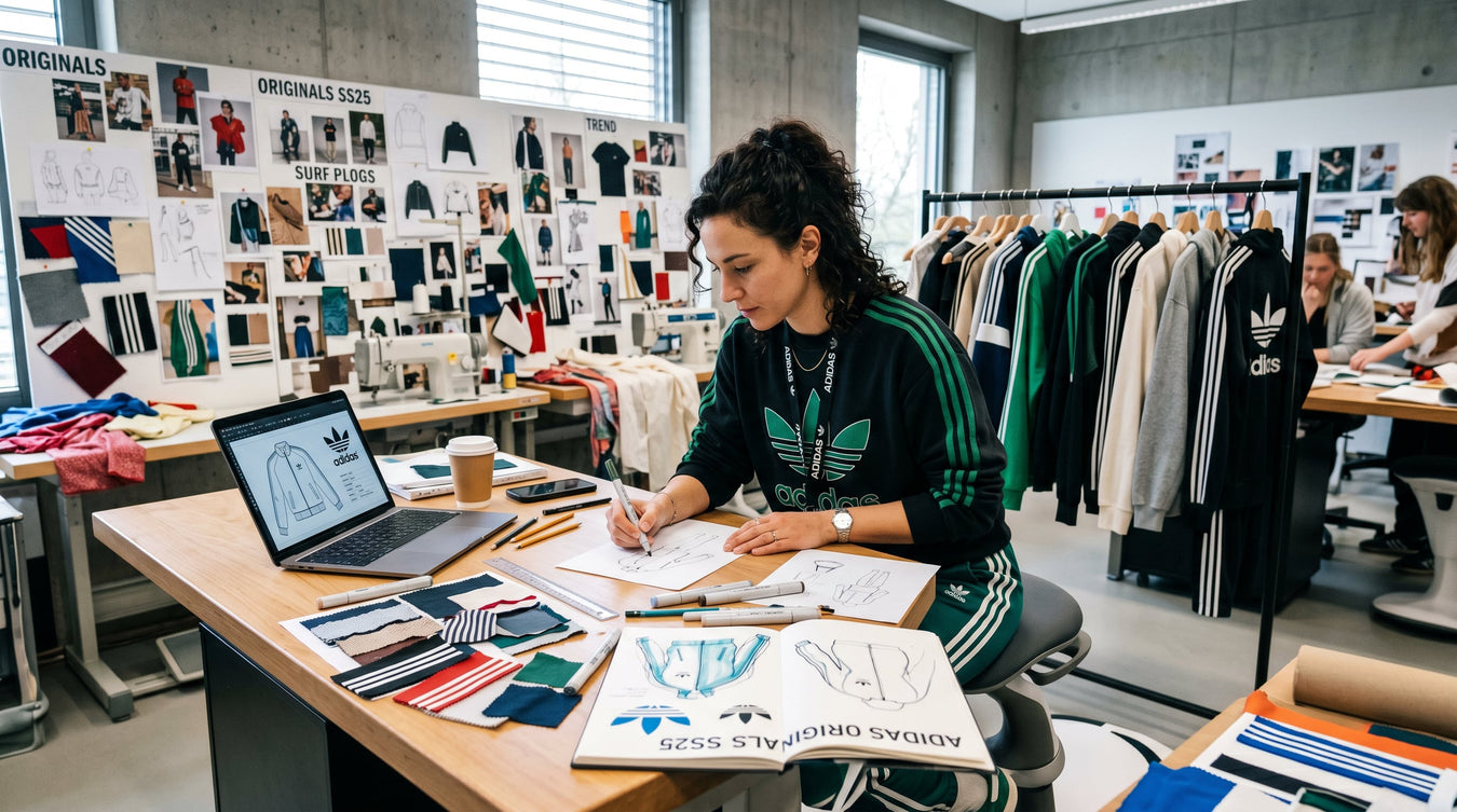 A designer working on sketches in a creative studio filled with Adidas Originals clothing and design inspirations, showcasing the fusion of sport heritage and modern streetwear culture in the Adidas Originals collection.