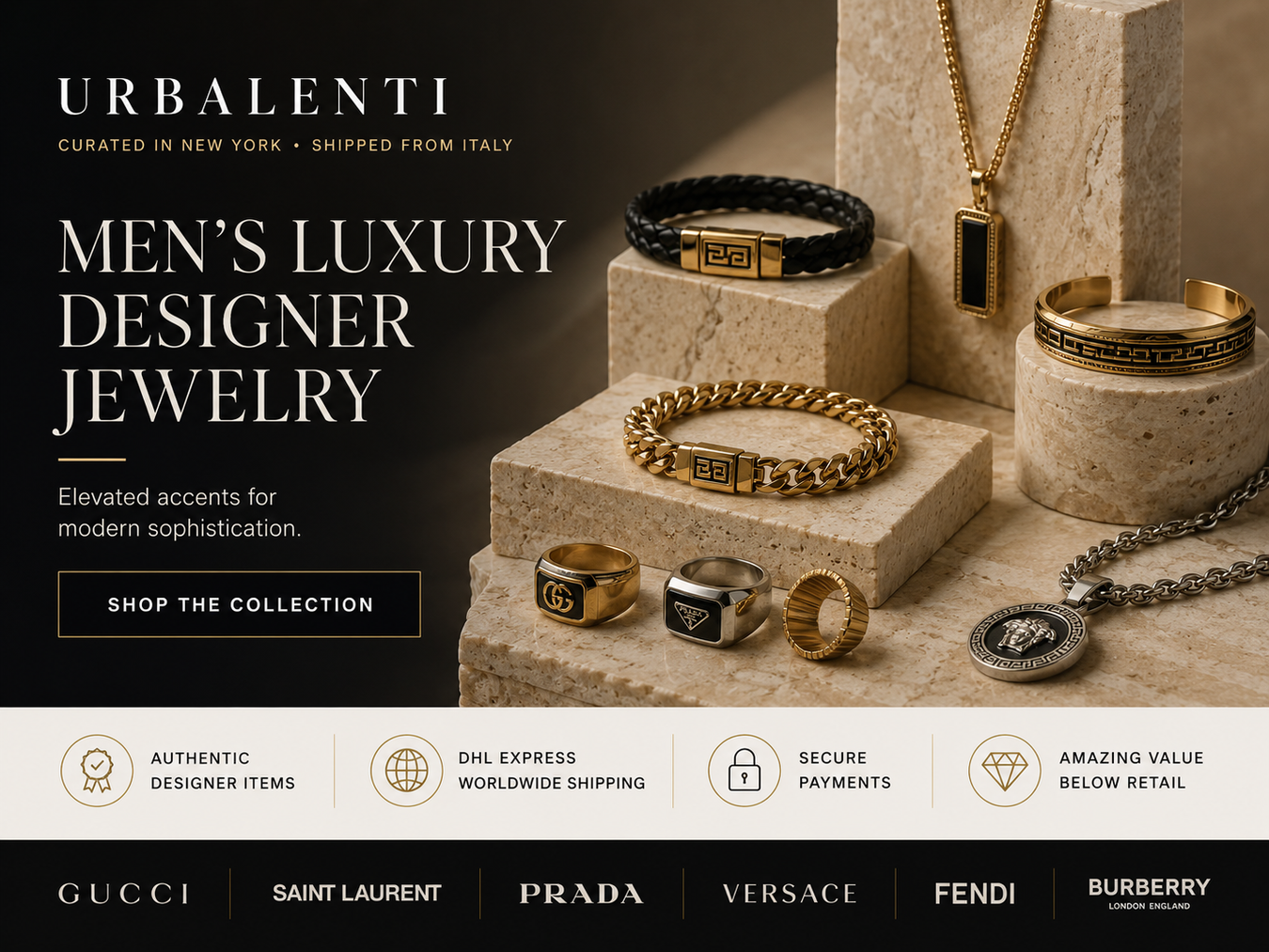 Men's Luxury Designer Jewelry collection showcasing an elegant arrangement of rings, bracelets, and necklaces. Featuring pieces from brands like Maison Margiela and Alexander McQueen, highlighted by gold and silver materials for modern sophistication.