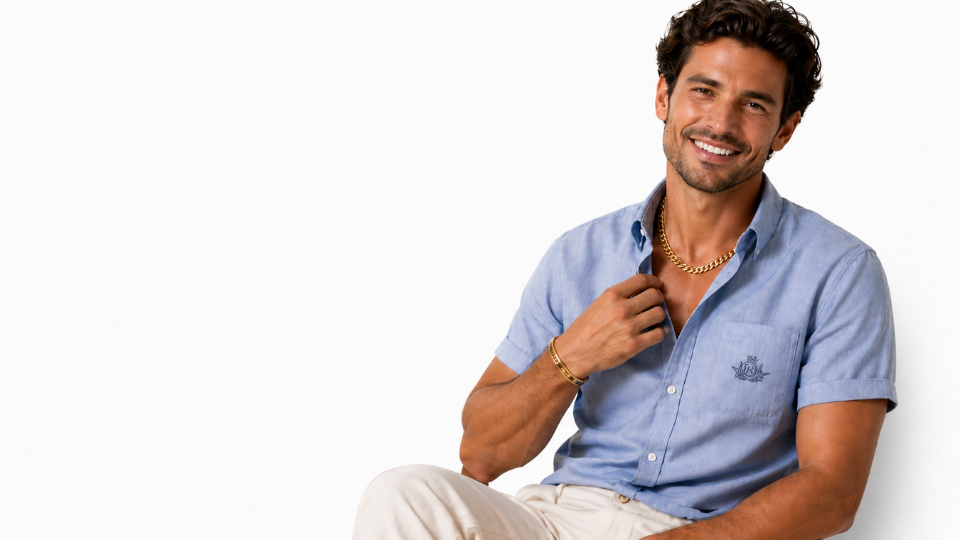 Men's New Designer Jewelry collection featuring a stylish man wearing a light blue shirt and a statement necklace, showcasing modern fashion and sophistication.