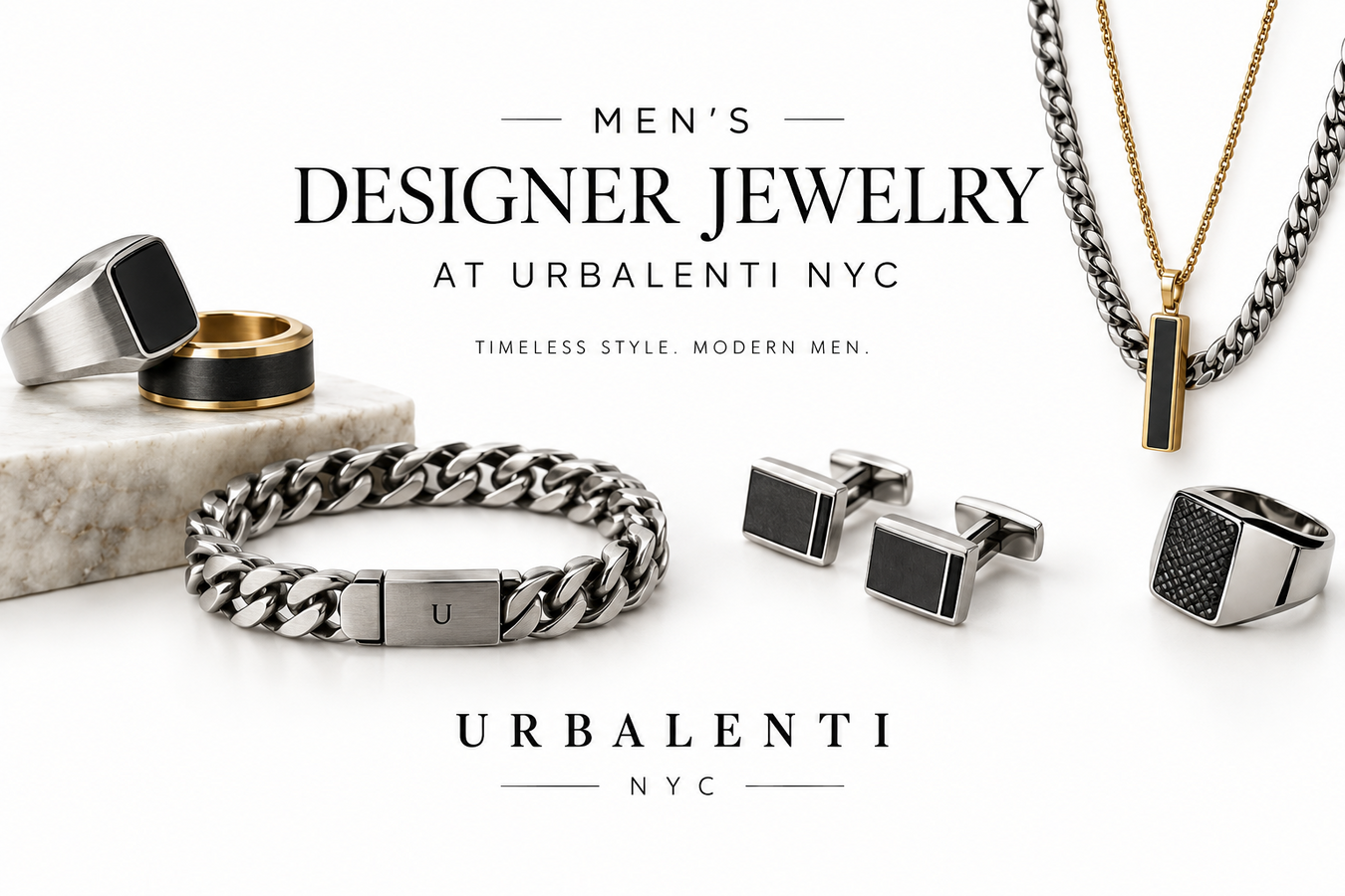 Men's Designer Jewelry collection featuring silver and black chain bracelets, rings, cufflinks, and layered necklaces on a white background—Shop Men's Designer Jewelry at Urbalenti NYC.