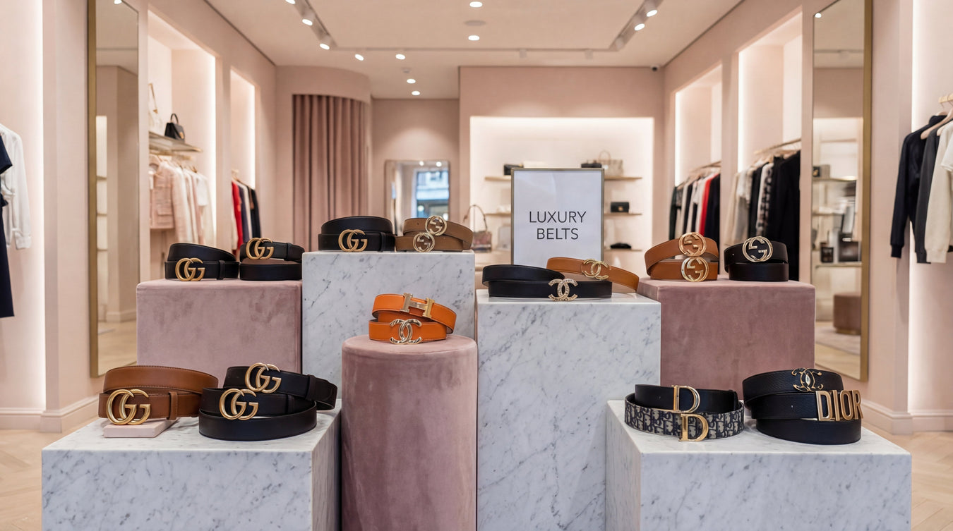 A stylish display of Women's Luxury Belts showcased in an elegant boutique setting, featuring iconic designer options like Gucci and Dior, perfect for adding a refined touch to any outfit.