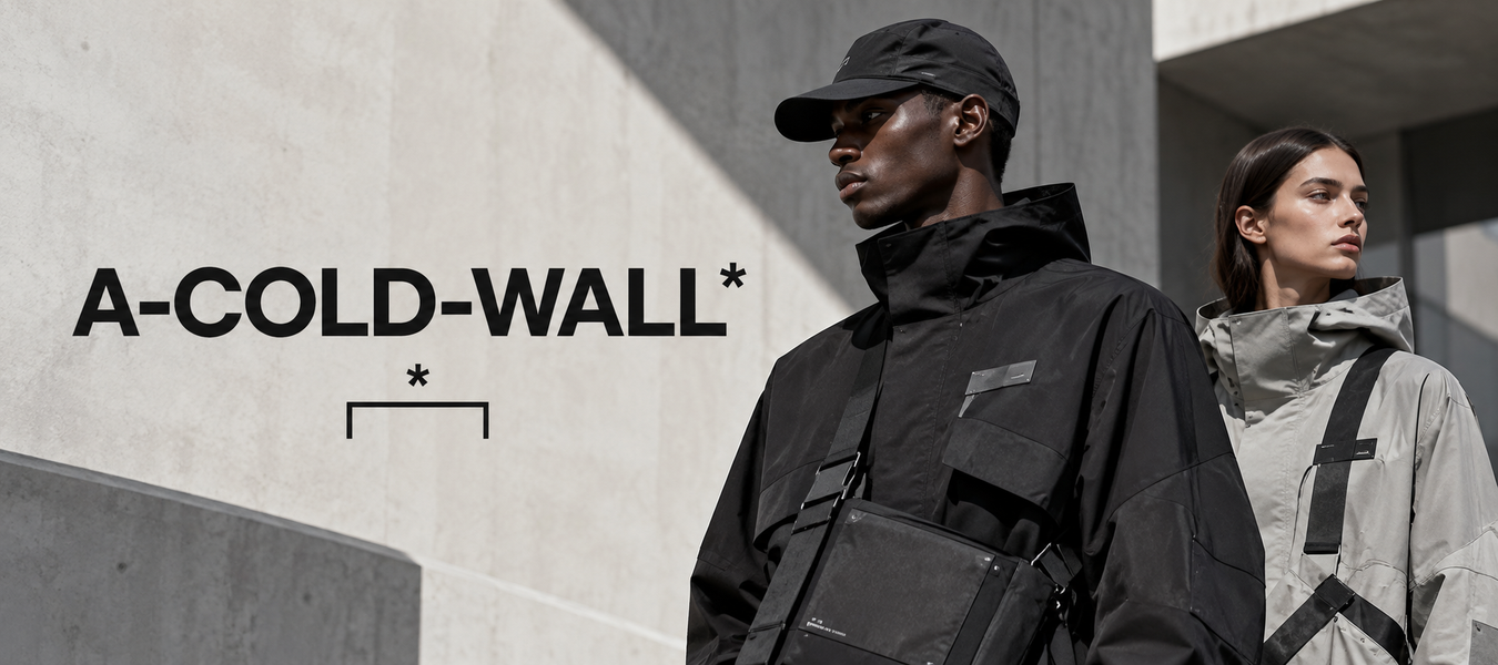 A-COLD-WALL fashion campaign featuring models in contemporary black and white outerwear; shop online A-COLD-WALL from Italy at Urbalenti.
