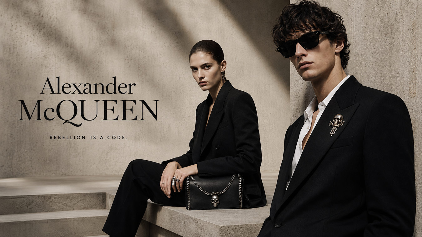 Stylish male and female models showcase the latest Alexander McQueen collection, featuring bold fashion and elegant designs. The image emphasizes the essence of Alexander McQueen: 'Rebellion is a code.' Perfect for contemporary luxury fashion enthusiasts.