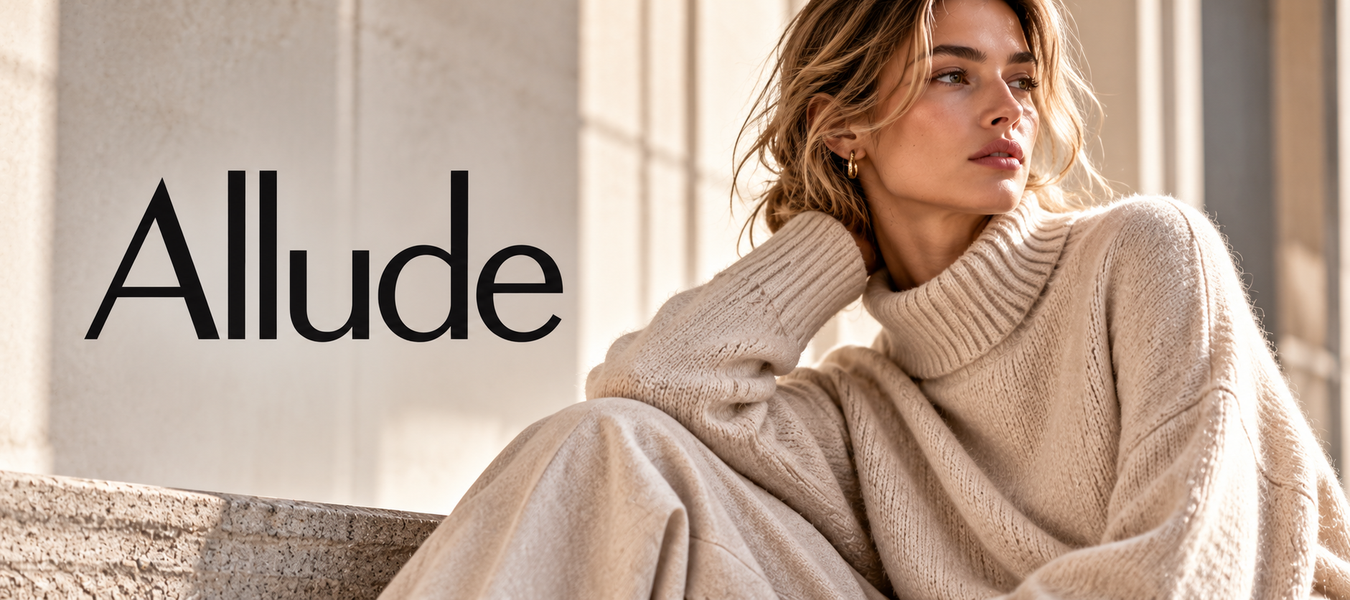 Allude beige cashmere turtleneck sweater modeled by a woman in a warm, elegant setting; shop online Allude shipped from Europe at Urbalenti.