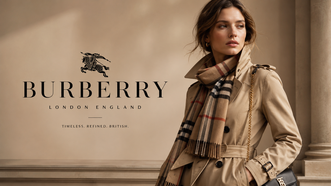 Burberry trench coat model featuring iconic beige fabric and signature check scarf, showcasing timeless British elegance and craftsmanship.