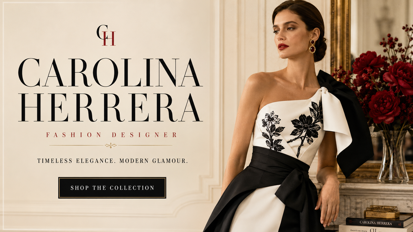 A sophisticated fashion model wearing a Carolina Herrera dress, showcasing timeless elegance and modern glamour. The image highlights exquisite craftsmanship and bold design, promoting the Carolina Herrera collection.