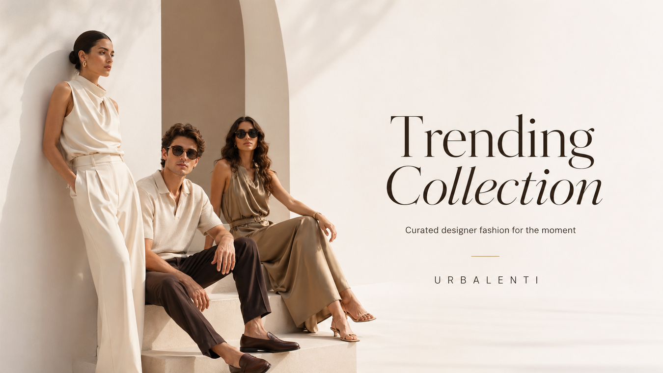 Discover the essence of the Trending Now collection with this stylish image featuring three models showcasing curated designer fashion from URBALENTI, highlighting premium styles that define current trends.