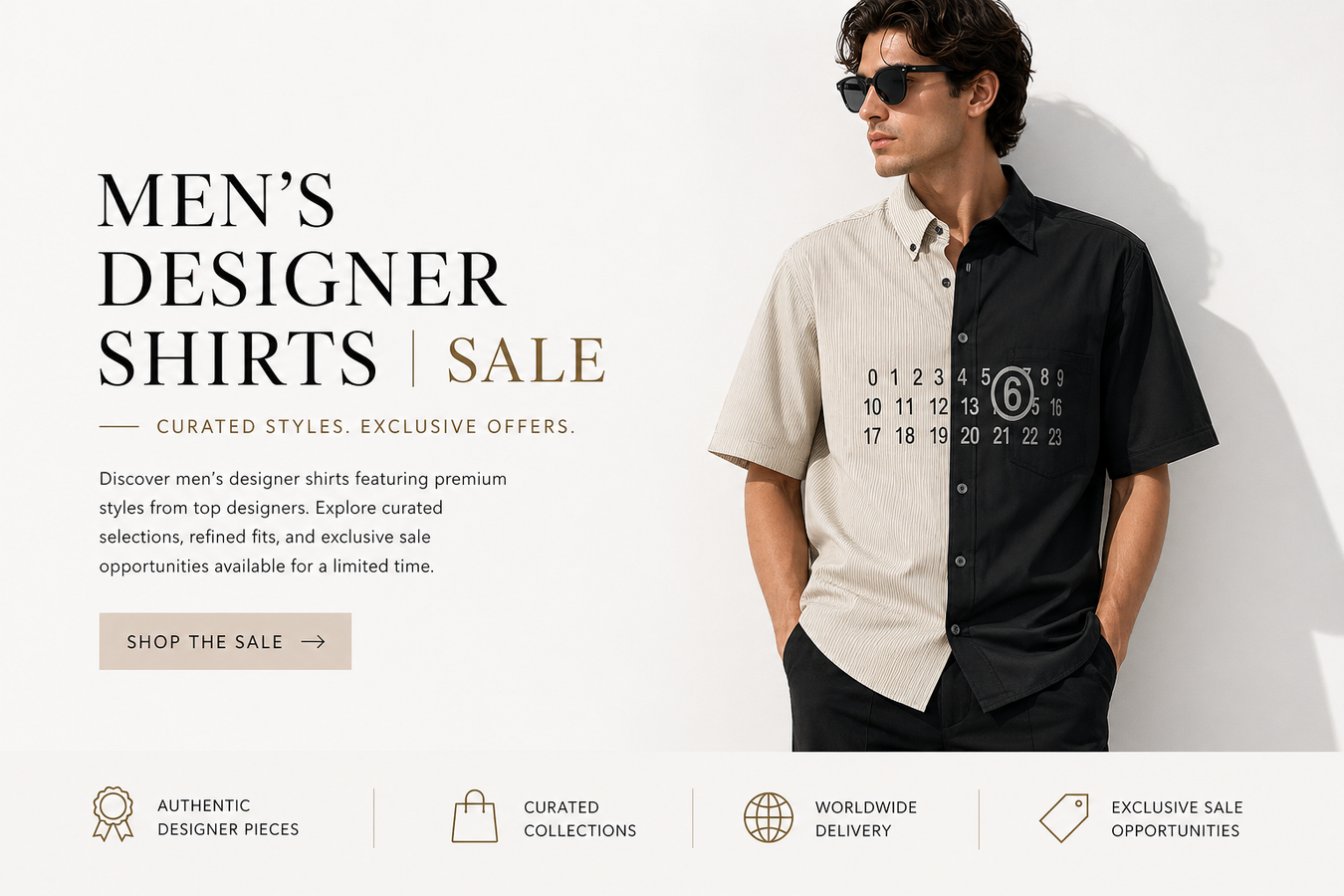 Stylish model wearing a half black and half beige shirt showcasing modern design in the Men’s Designer Shirts collection. Explore exclusive styles and premium craftsmanship in Men’s Designer Shirts on sale.
