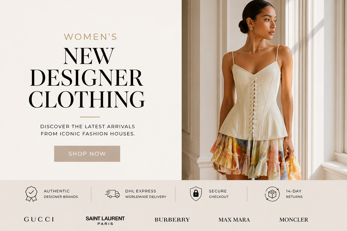 Women's new designer clothing showcasing a stylish model in a contemporary outfit, highlighting modern style and sophistication for women.