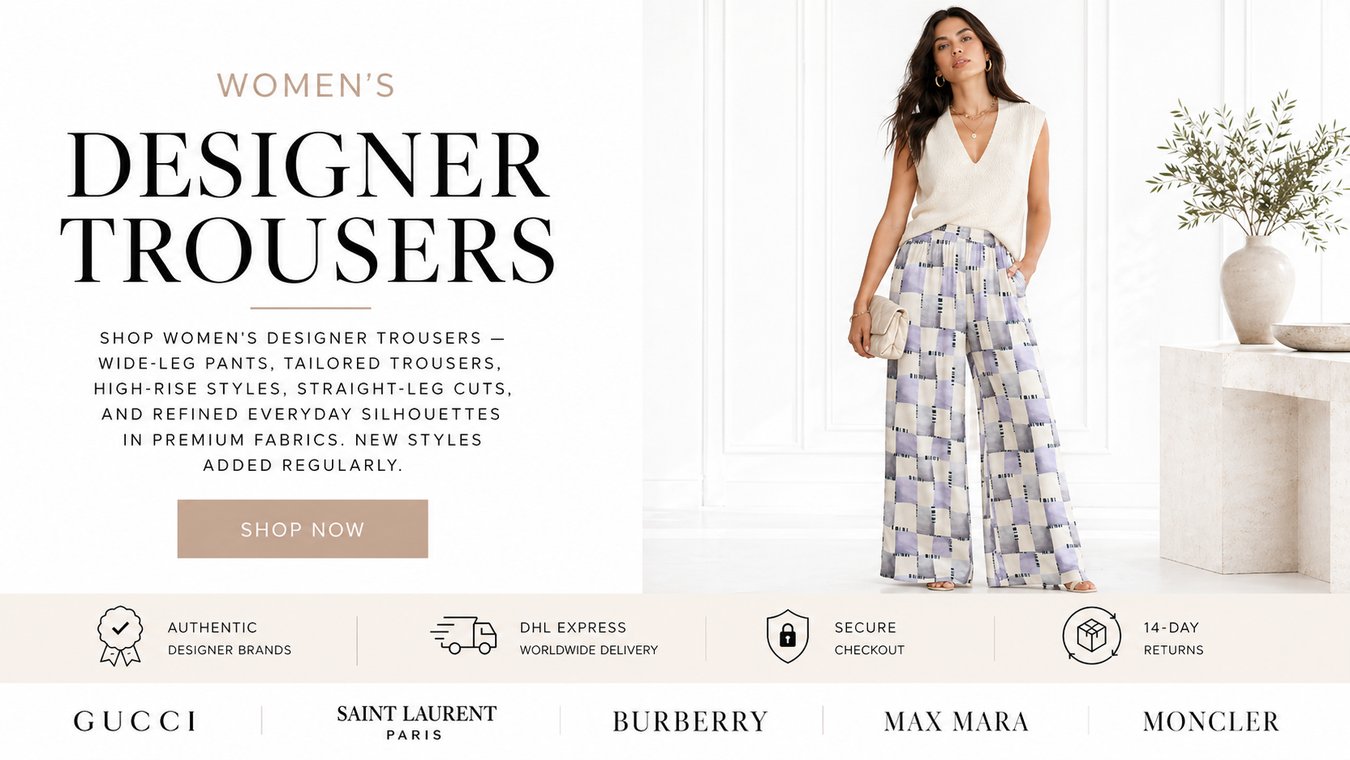 Stylish woman showcasing Women's Designer Trousers in a modern setting, featuring elegant wide-leg pants and a fashionable top, perfect for upscale occasions.