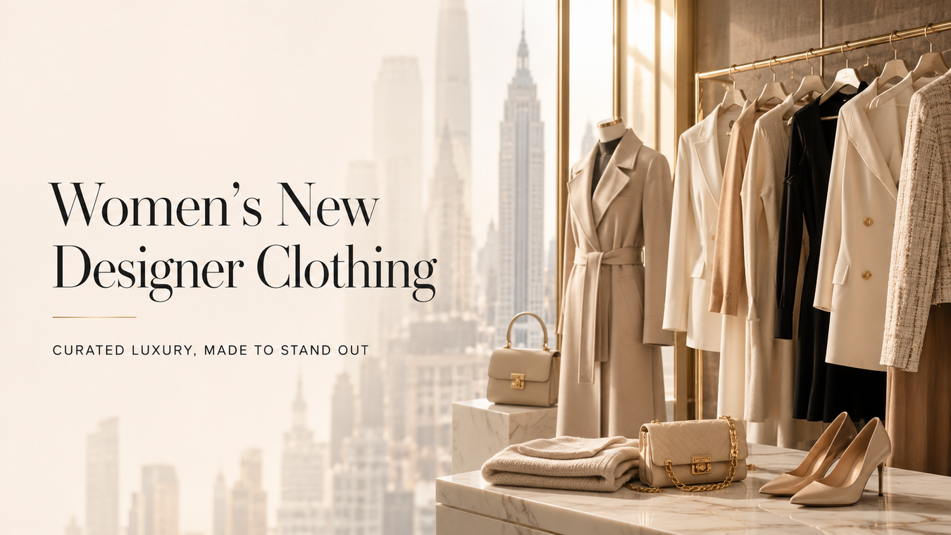 Stylish display of Women’s New Designer Clothing featuring elegant outerwear and accessories in a sophisticated setting, highlighting the essence of designer clothing.