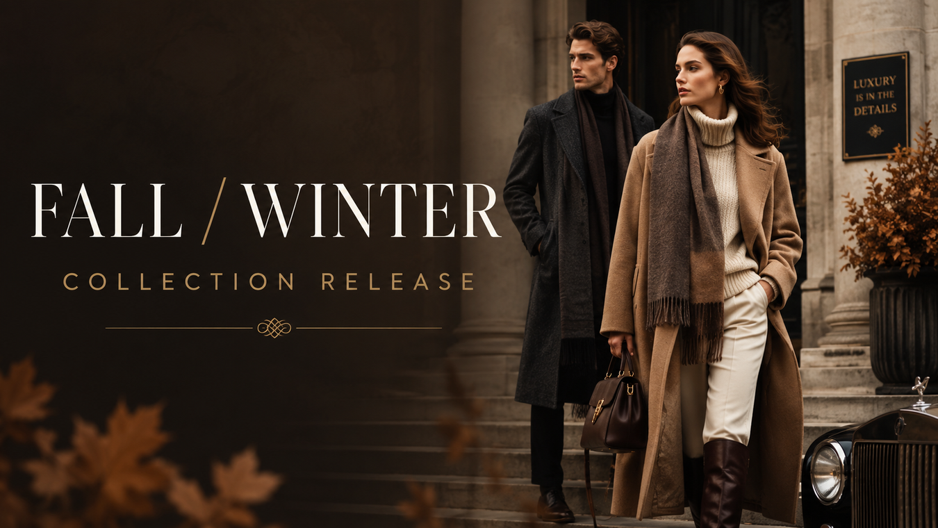 A stylish couple dressed in elegant winter outfits showcasing the Fall - Winter 2026/2027 collection, featuring luxe outerwear and sophisticated accessories in a fashionable urban setting.