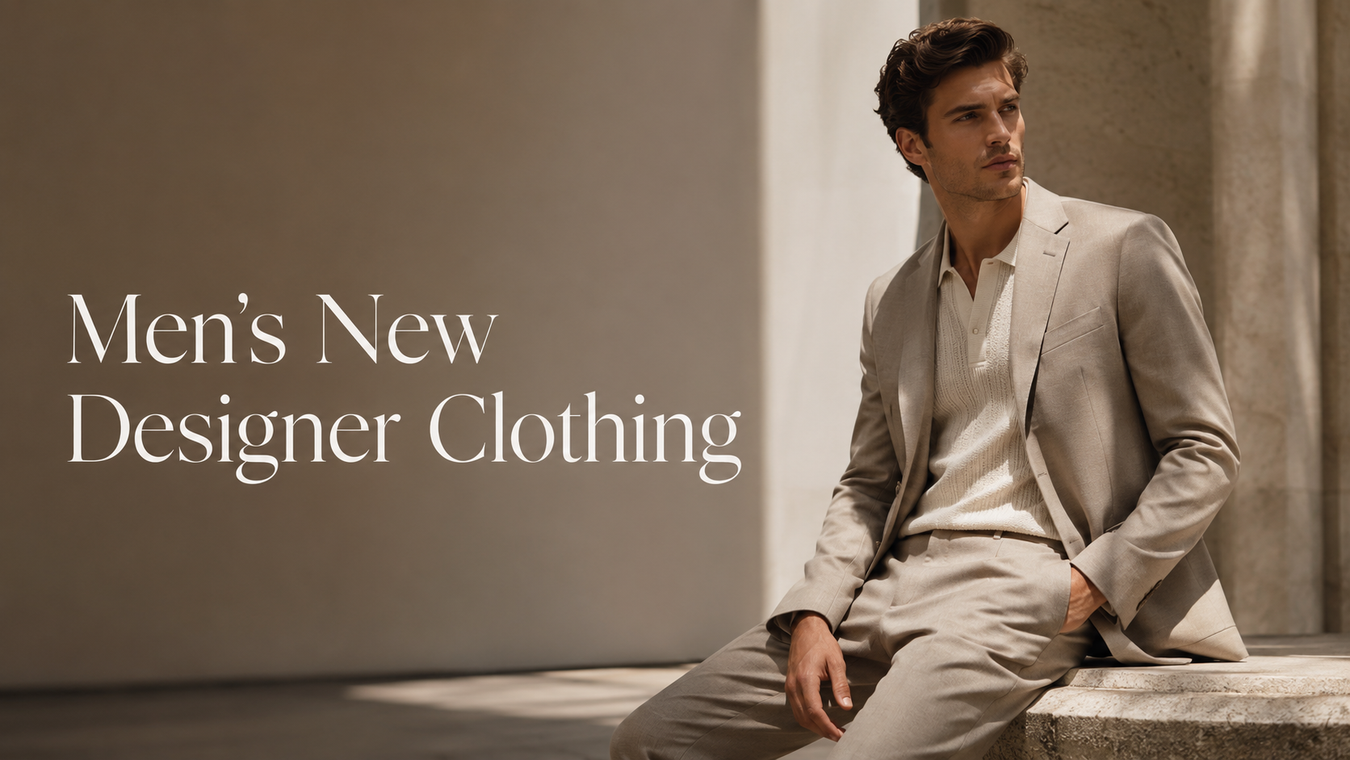 Stylish male model showcasing Men's New Designer Clothing in a contemporary setting, embodying sophistication and elegance. Explore the world of Designer Clothing with refined pieces for a modern wardrobe.