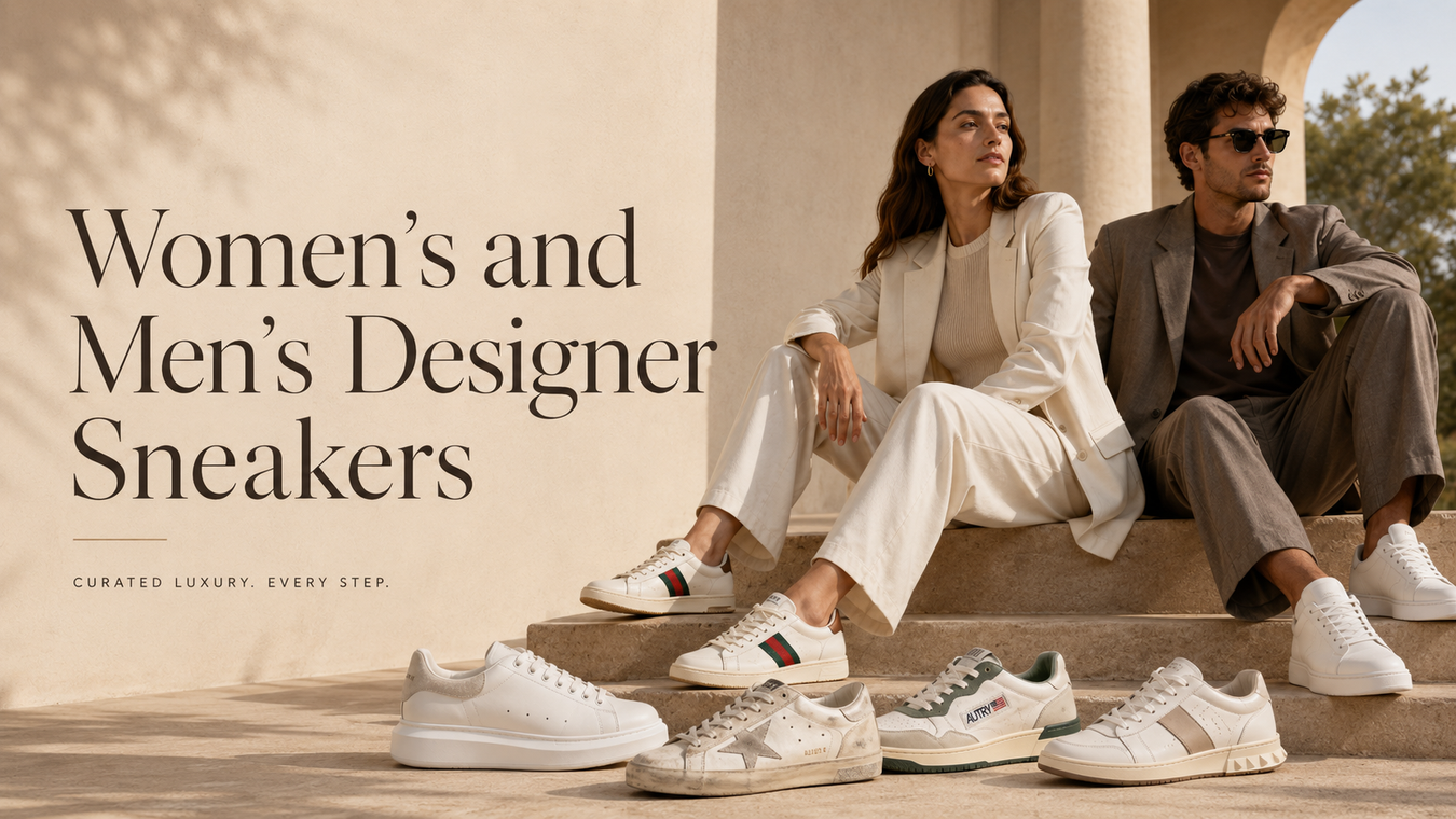 Stylish display of women's and men's designer sneakers featuring a variety of modern styles, showcasing the versatility and luxury of designer sneakers. Explore the collection for curated options and exclusive finds.