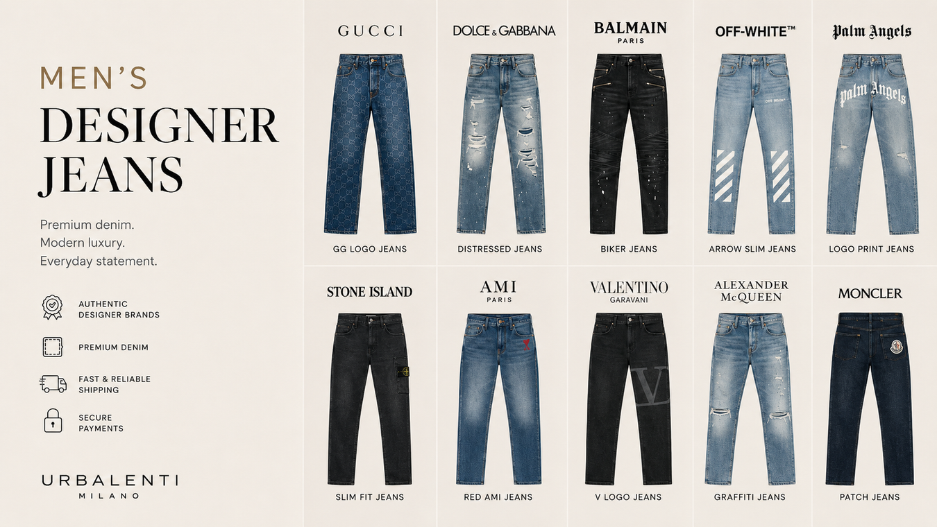 Collection of men's designer trousers featuring styles from luxury brands like Gucci, Dolce & Gabbana, and Balmain. Perfect for modern luxury and polished everyday wear. Explore designer trousers for an elevated look at URBALENTI™.