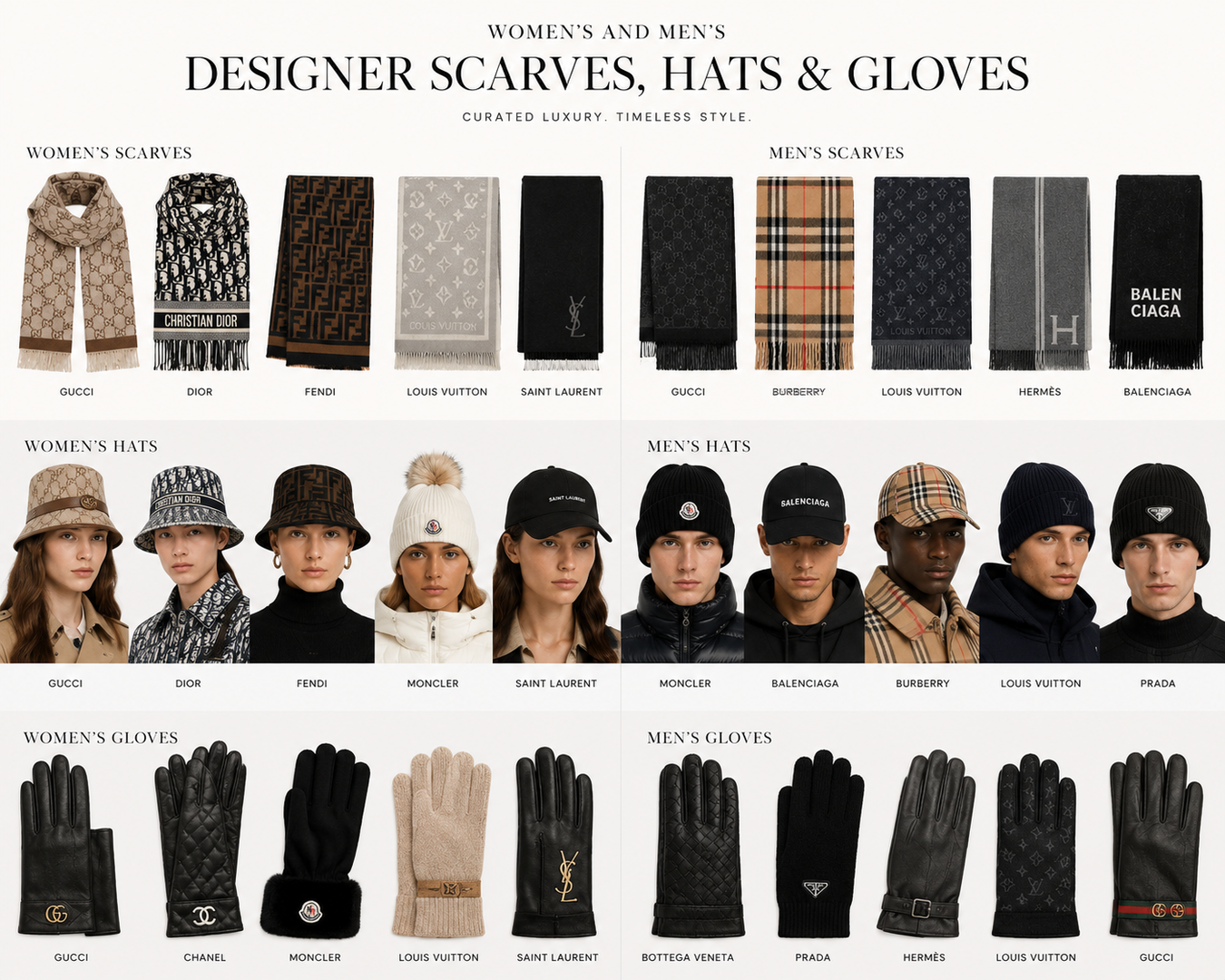 Women's and Men's Designer Scarves, Hats & Gloves collection showcasing luxury accessories including stylish scarves, fashionable hats, and elegant gloves. Perfectly curated for warmth and style at URBALENTI™ NYC.