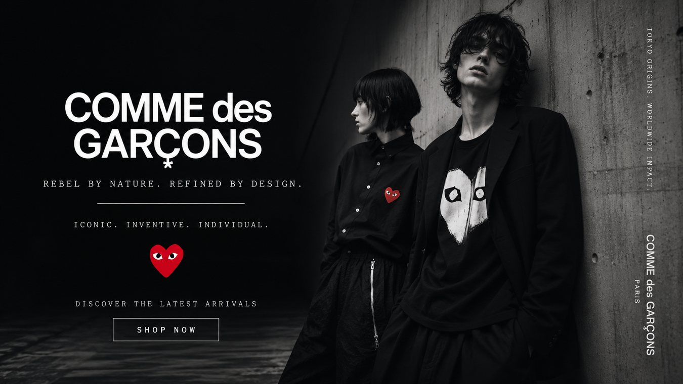 Stylish black and white image showcasing fashion from Comme des Garçons, featuring two models in avant-garde outfits symbolizing the brand's commitment to innovative and individualistic design. Discover the latest arrivals in Comme des Garçons fashion.