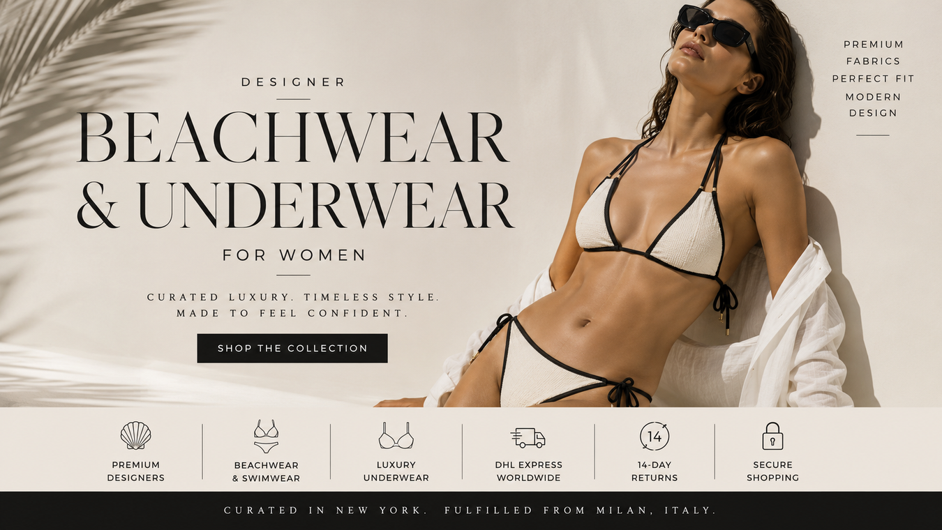 Luxury model showcasing Designer Beachwear & Underwear for Women in a stylish bikini, surrounded by tropical foliage, representing curated fashion to inspire confidence.