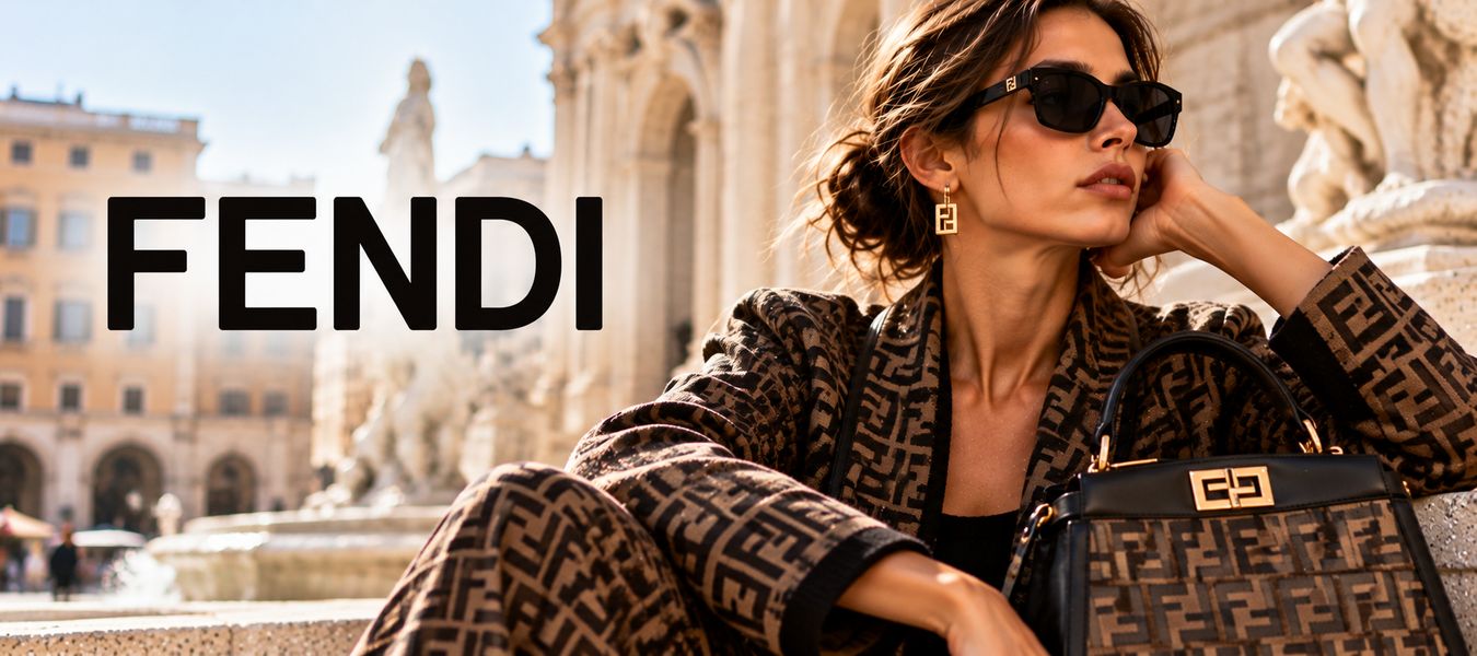Fendi woman wearing a signature monogram outfit and carrying a Fendi handbag in Rome—shop online Italian Luxury fashion Designer Fendi at Urbalenti.