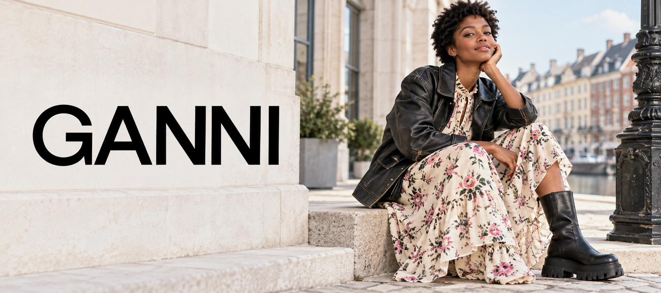 Ganni fashion campaign featuring a woman in a floral dress, black leather jacket, and boots beside the GANNI logo in a European city—Shop Luxury Fashion Designer Ganni at Urbalenti