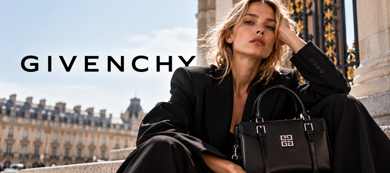 Givenchy fashion campaign featuring a woman in a black outfit holding a signature Givenchy handbag against a Parisian backdrop — Shop Givenchy Fashion Designer at Urbalenti.
