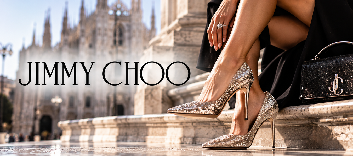 Jimmy Choo glittering pointed-toe high heel pumps worn against a Milan cathedral backdrop—shop Jimmy Choo online and shipped from Italy at Urbalenti.