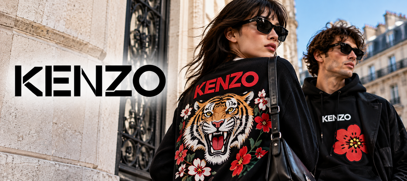 Kenzo fashion campaign featuring a woman and man in bold tiger-print and floral streetwear jackets—Shop Kenzo Fashion at urbalenti.