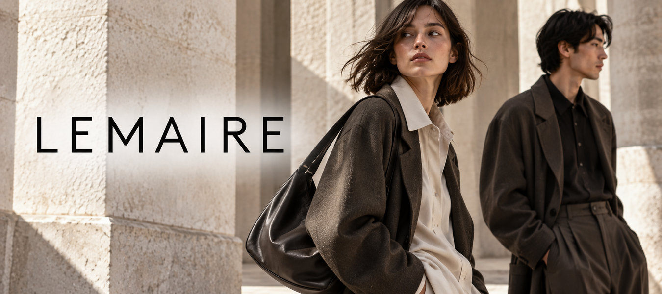 Lemaire fashion campaign featuring a woman and man in sophisticated neutral-toned clothing, Shop Lemaire fashion designs at Urbalenti