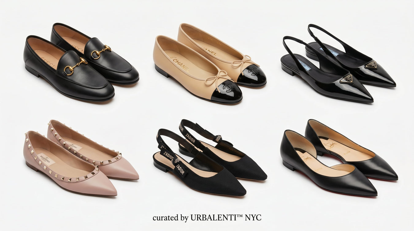 A stylish collection of women's designer flats including elegant loafers, chic ballet flats, and sophisticated slingbacks. Discover the latest in women's designer flats curated by URBALENTI™ for comfort and luxury.