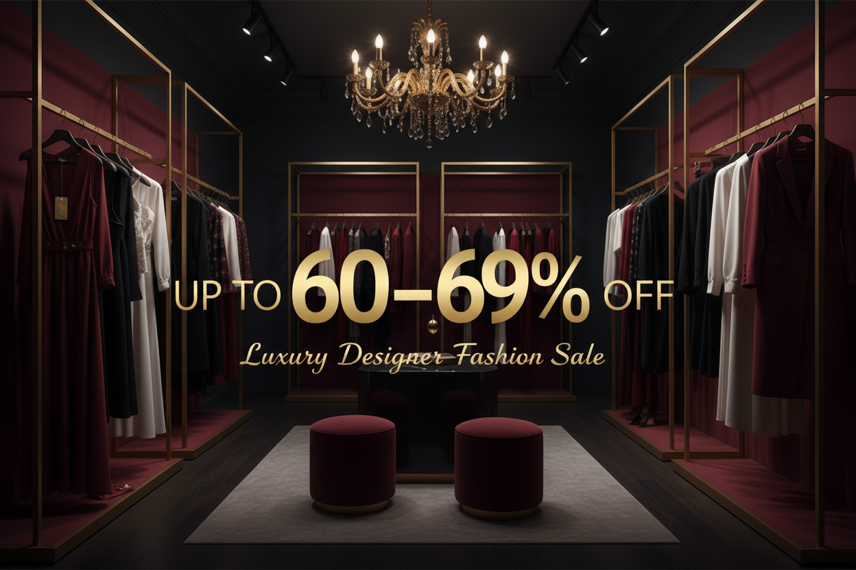 Luxury Designer Fashion Sale — Up to 60 – 69% Discounts in an elegant designer boutique with curated clothing racks, crystal chandelier, and premium fashion displays.