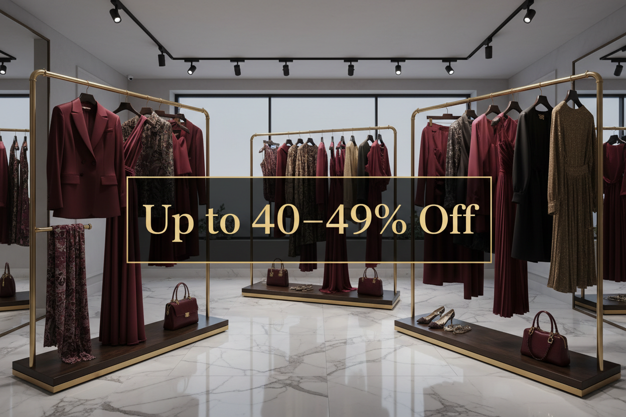 Luxury Designer Fashion Sale — Up to 40 – 49% Discounts featuring elegant designer dresses, tailored jackets, handbags, and shoes displayed in a sophisticated luxury boutique.
