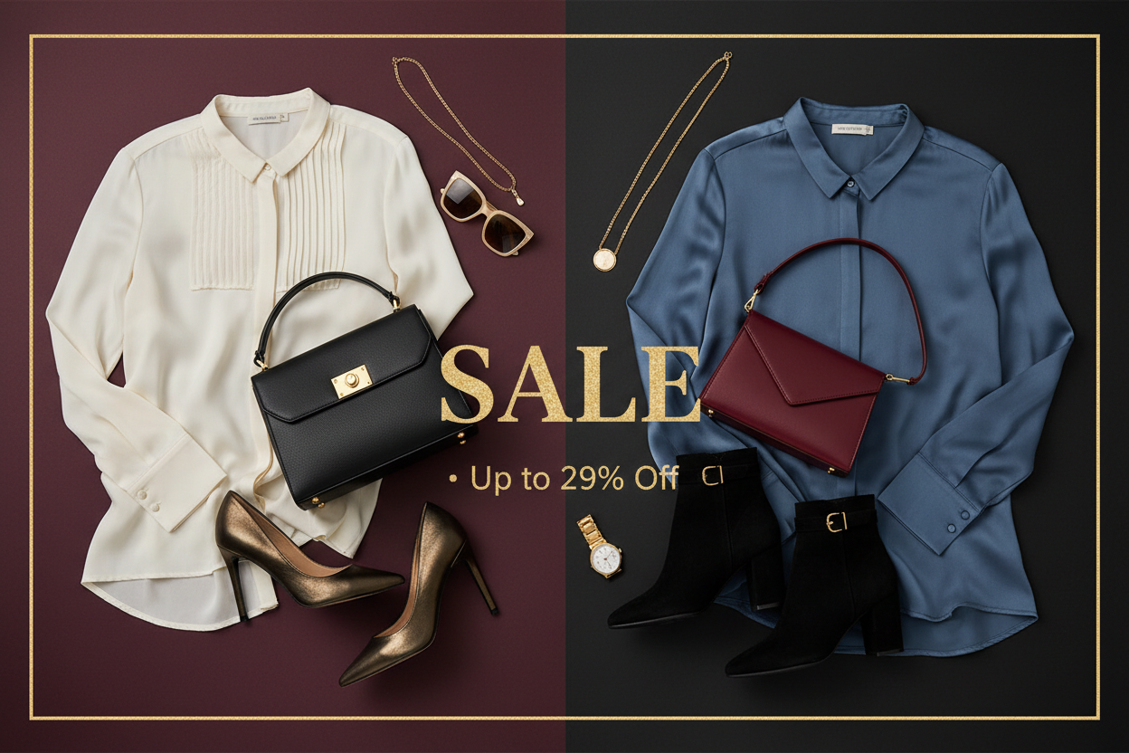 Luxury Designer Fashion Sale — Up to 20–29% Discounts featuring a black designer handbag, Burberry trench coat, white sneakers, sunglasses, Gucci monogram wallet, Valentino accessories, and luxury fashion brands.