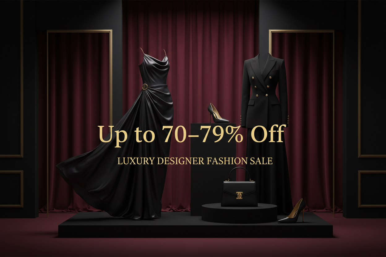 Luxury Designer Fashion Sale — Up to 70 – 79% Discounts featuring elegant black designer dresses, a luxury handbag, and high-heeled shoes displayed on a dramatic fashion boutique stage