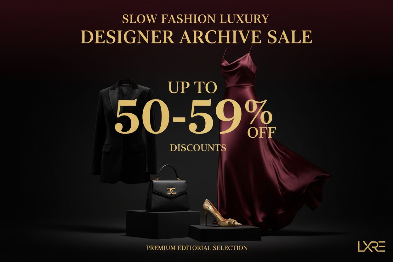 Luxury Designer Fashion Sale — Up to 50 – 59% Discounts banner featuring elegant black tailoring, burgundy evening wear, a designer handbag, and luxury shoes in a premium editorial display.