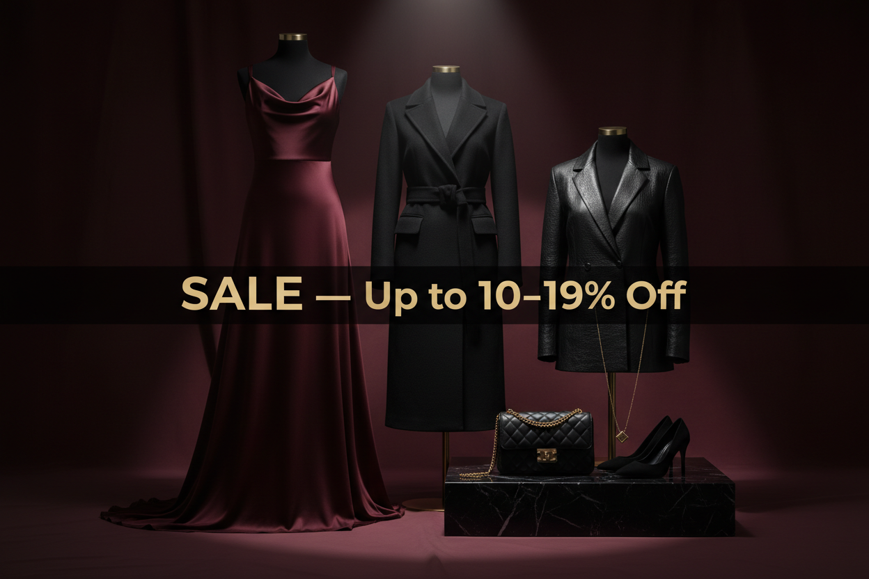 Luxury Designer Fashion Sale — Up to 70 – 79% Discounts featuring elegant black designer dresses, a luxury handbag, and high-heeled shoes displayed on a dramatic fashion boutique stage